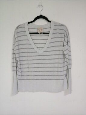 Chasor Womens Striped V-Neck Glitter Sweater Small Gray & White Lightweight Knit